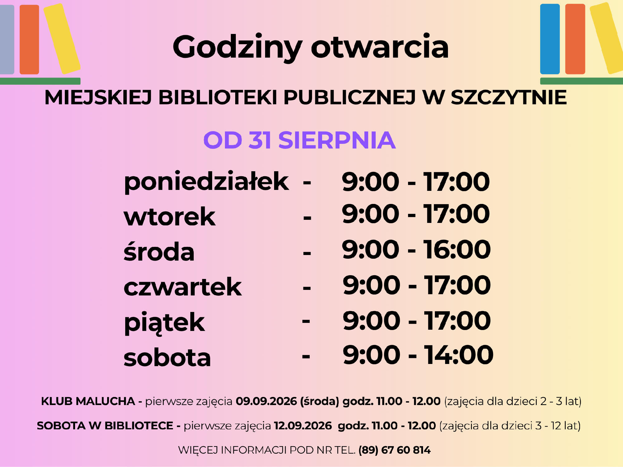 Aktualne godziny otwarcia biblioteki